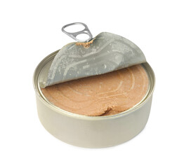 Open tin can with meat pate isolated on white