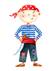 Watercolor illustration of cartoon cute pirate boy in red headband, white and blue striped clothes with sword isolated on white background. - 472678517