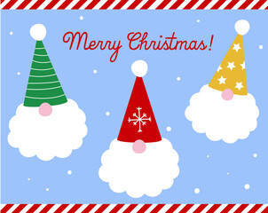 Merry Christmas elves with snowfall, holidays decor, gnomes of Christmas