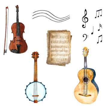 Musical set. Watercolor painting isolated on white background.