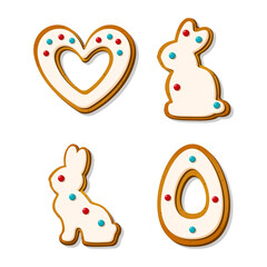 Easter gingerbread cookies in the shape of eggs heart and rabbits in cartoon style. Glazed Sweet biscuits isolated on white background. A holiday of religion. Vector illustration
