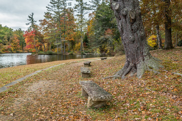 Old stone benches at the lake