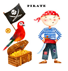 Watercolor illustration of cartoon cute pirate boy in red headband, white and blue striped clothes with sword isolated on white background.
