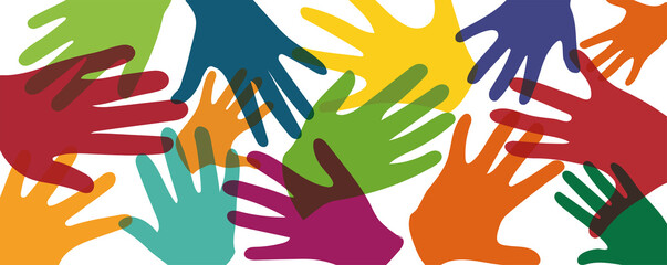 Abstract silhouette group of hands of multicultural children. Kindergarten teamwork friendship between kids of diverse culture. School or community of multiethnic children. Childhood