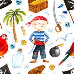 Watercolor iseamless pattern of cartoon cute pirate boy in red headband, white and blue striped clothes with sword isolated on white background. - 472681729