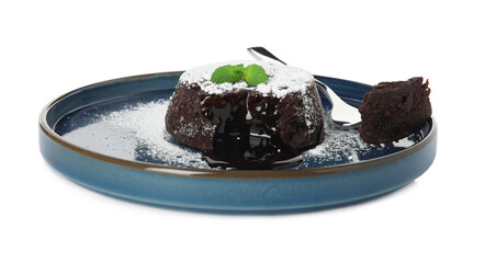 Delicious fresh fondant with hot chocolate and mint isolated on white
