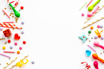 Confetti with party hats and balloons for kids birthday