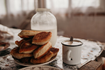 rustic lunch, pies, milk