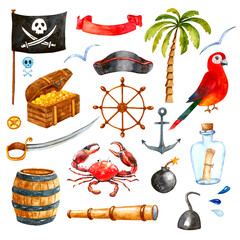 Watercolor hand drawn illustration Pirate set with boy, anchor, flag, helm, chest, telescope, parrot, palm tree isolated on white. - 472682538