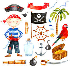 Watercolor hand drawn illustration Pirate set with boy, anchor, flag, helm, chest, telescope, parrot, palm tree isolated on white. - 472682751