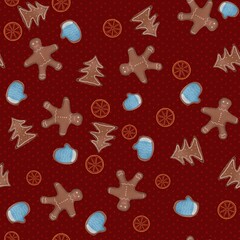 New year seamless pattern with gingerbread man, tree, mittens and oranges 