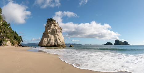 The big rock at the beach cathedral cove in Coromandel, New Zealand - longexposure photography