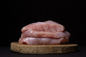 Raw turkey steaks on a black background. Turkey breast fillet on a wooden board. Diet meat