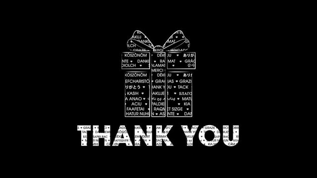 Elegant present box silhouette contour icon made of  multi-language  thank you words playing seamlessly loop in 4 k resolution