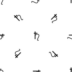 Seamless pattern of repeated black astrological saturn symbols. Elements are evenly spaced and some are rotated. Vector illustration on white background