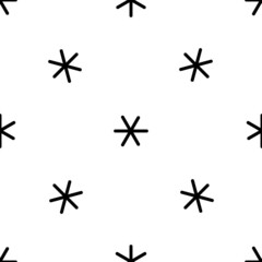 Seamless pattern of repeated black astrological sextile symbols. Elements are evenly spaced and some are rotated. Vector illustration on white background