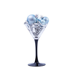 Christmas balls and garland in a glass glass, isolated on a white background.