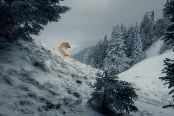 Beautiful golden shepherd dog puppy sitting on a hill on a dark cloudy day in the mountains during winter between snow covered trees