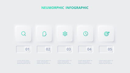 Neumorphic flow chart infographic. Creative concept for infographic with 5 steps, options, parts or processes.