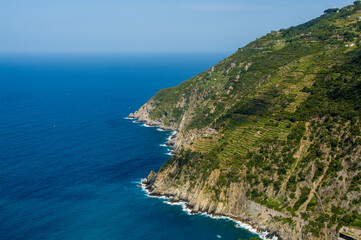 Fototapeta na wymiar Cinque Terre National Park coastline south of Riomaggiore, Cinque Terre, Italy.