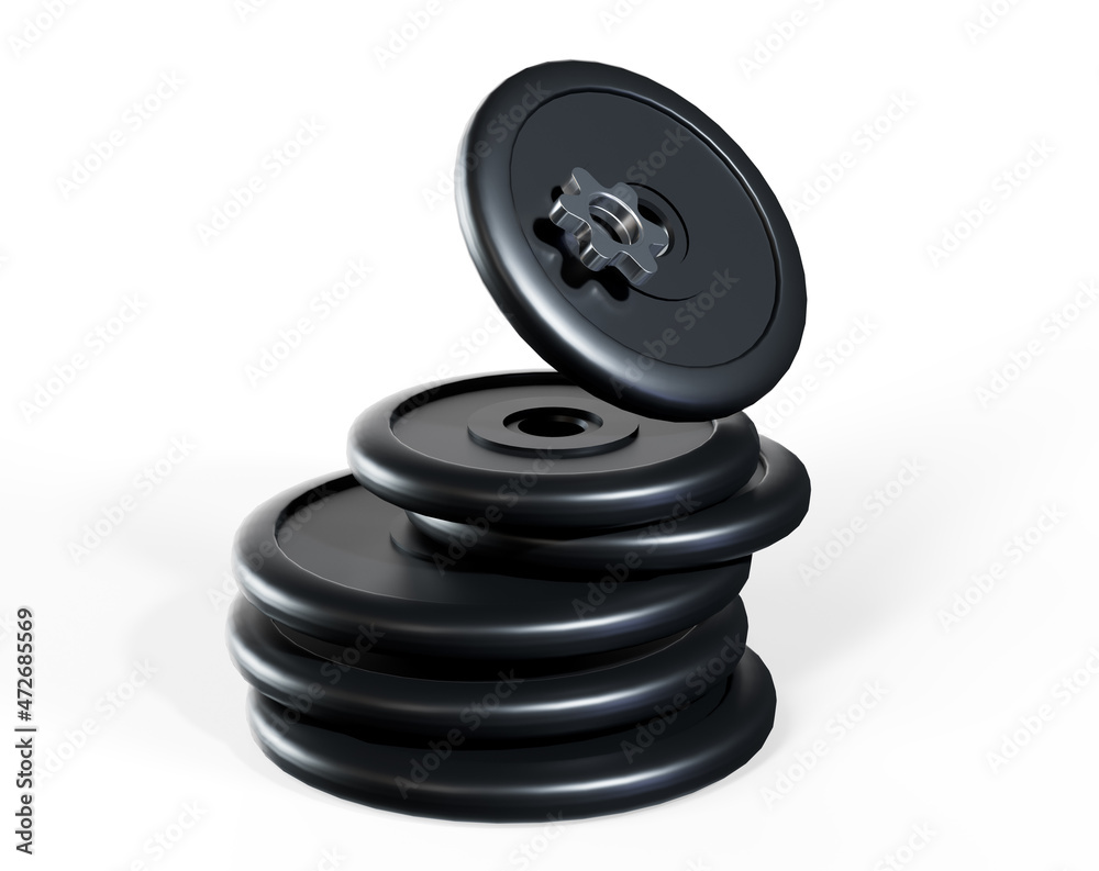 Fototapete 3d rendering of five black barbell weights of different mass hanging in one line on a white backgrou