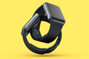 Set of black smart watches or fitness tracker isolated on yellow background.