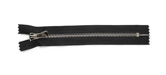 Black zipper isolated on white, top view - obrazy, fototapety, plakaty