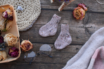 Warm and soft tiny newborn socks made of woolen yarn