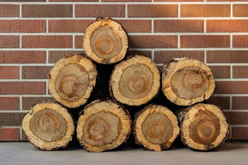 
Sawed round firewood on a brickwork background. Growth rings are visible on the cut