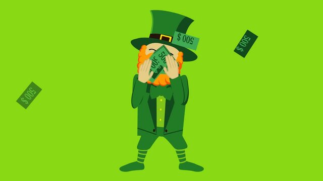 Leprechaun Gnome dancing and squander money. Best St Patrick's Day lucky charm. Vector 2D animation.