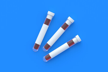 Test tubes with cap and label. Scientific experiments. Development of vaccines, drugs. Medical reform. Modern biotechnology. Biological weapons. Medical or science laboratory. Top view. 3d render