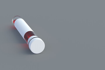 Test tube with cap and label. Scientific experiments. Development of vaccines, drugs. Medical reform. Modern biotechnology. Biological weapons. Medical or science laboratory. Copy space. 3d render
