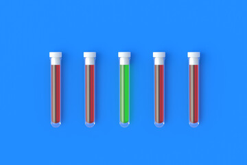 Test tubes with cap and liquid. Scientific experiments. Development of vaccines, drugs. Medical tests. Modern biotechnology. Biological weapons. Medical or science laboratory. Top view. 3d render