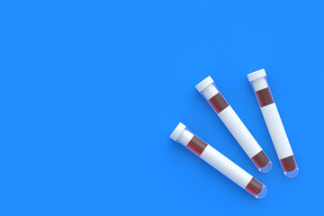 Test tubes with cap and label. Scientific experiments. Development of vaccines, drugs. Medical reform. Modern biotechnology. Biological weapons. Medical or science laboratory. Top view. 3d render