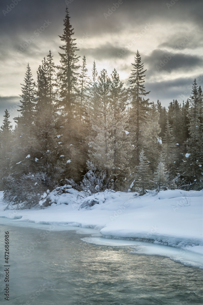 Sticker Canada, Alberta, Banff National Park, Sunrise sparkles on the Bow River