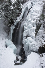 Black and white of partially frozen Fletcher Falls, British Columbia, Canada
