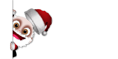 Santa Claus in RED suit leaning out and smiling on white background for texts and logos