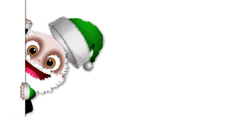 Santa Claus in green suit leaning out and smiling on white background for texts and logos