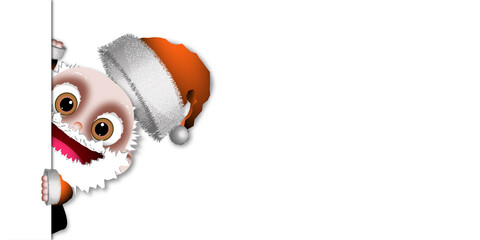 Santa Claus in orange suit peeking out and smiling on white background for texts and logos