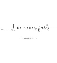 Love never fails, 1 Corinthians 13:8, love bible verse, scripture poster, Home wall decor, Wedding wall gift, Family wall decor, Christian banner, Baptism wall gift, vector illustration