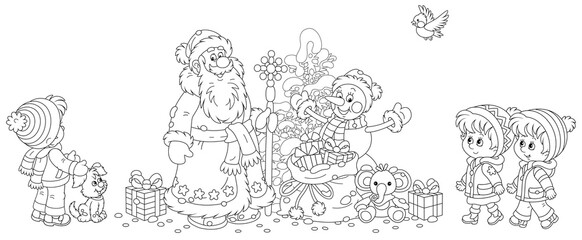 Santa Claus and a funny toy snowman with a snowy Christmas fir tree and a magic bag of holiday gifts for little children, black and white outline vector cartoon illustration for a coloring book