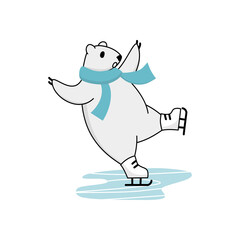 Polar bear ice skating training. Funny cartoon winter mascot