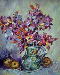 Art painting Hand drawn Oil color flowers in vase from Thailand  , art harmony , Colorful painted