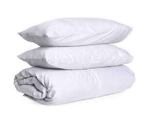 Fototapeta na wymiar Stylish silky bed linens and pillows on white background