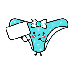 Cute funny panties with poster. Vector hand drawn cartoon kawaii character illustration icon. Isolated on blue background. Panties think concept