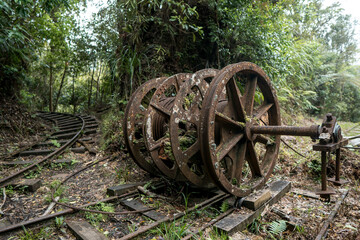 Fototapeta premium Abandoned railroad track, Te Aroha Mountain Gold Mining Walking Track, New Zealand