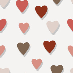 seamless pattern of multicolored hearts with shadows on a white background, colors in the Scandinavian style. pattern for textile, wallpaper for valentine's day, wedding, love