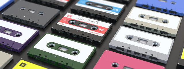 Vintage audio cassettes background, banner. Retro music concept. 3d illustration