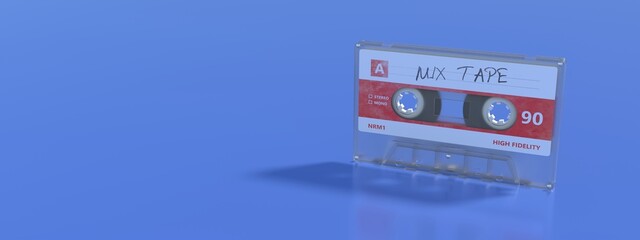 Cassette mix tape with label on blue background. Old vintage audio, music player. 3d illustration