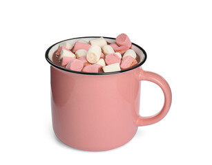 Cup of delicious hot chocolate with marshmallows isolated on white
